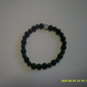 Green Tigers Eye and black onyx handmade stretch bracelet with opalite focus
